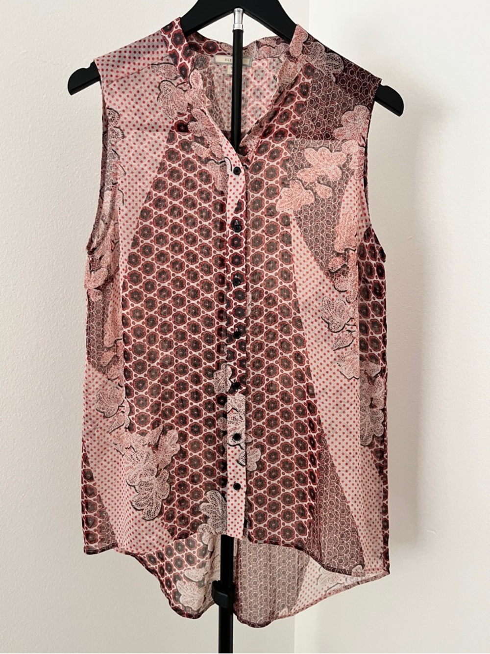 ✨ Pleione Semi-Sheer Mixed Print Tunic | Lightweight Sleeveless Blouse | M